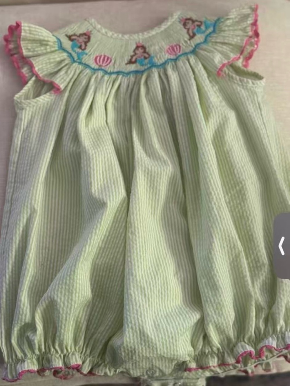 Smocked Baby Dress with Mermaid Embroidery - Pale Green & Pink